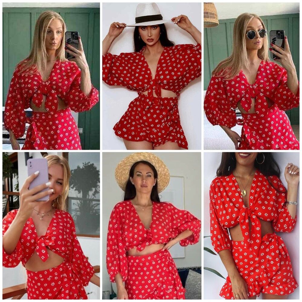 ZARA Red Daisy Floral Print Tie-Front Linen Blend Cropped Blouse - XS - Picture 4 of 12